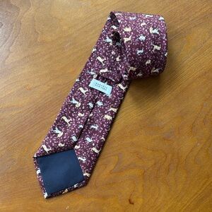 Barney’s Spring Easter Animal Tie -  Burgundy Tie with Rabbit, Dog, Deer - EUC